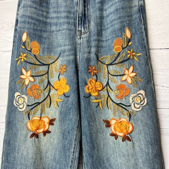 Sandrine Rose Jeans Womens Size 25 Floral Embroidered Wide Leg 100% Cotton - Picture 7 of 16